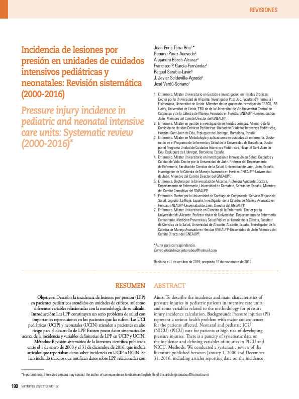 5º ENP: Incidencia de lesiones por presión en unidades de cuidados intensivos pediátricas y neonatales: Revisión sistemática(2000-2016)