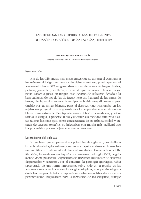 LAS HERIDAS DE GUERRA Y LAS INFECCIONES DURANTE LOS SITIOS DE ZARAGOZA, 1808-1809